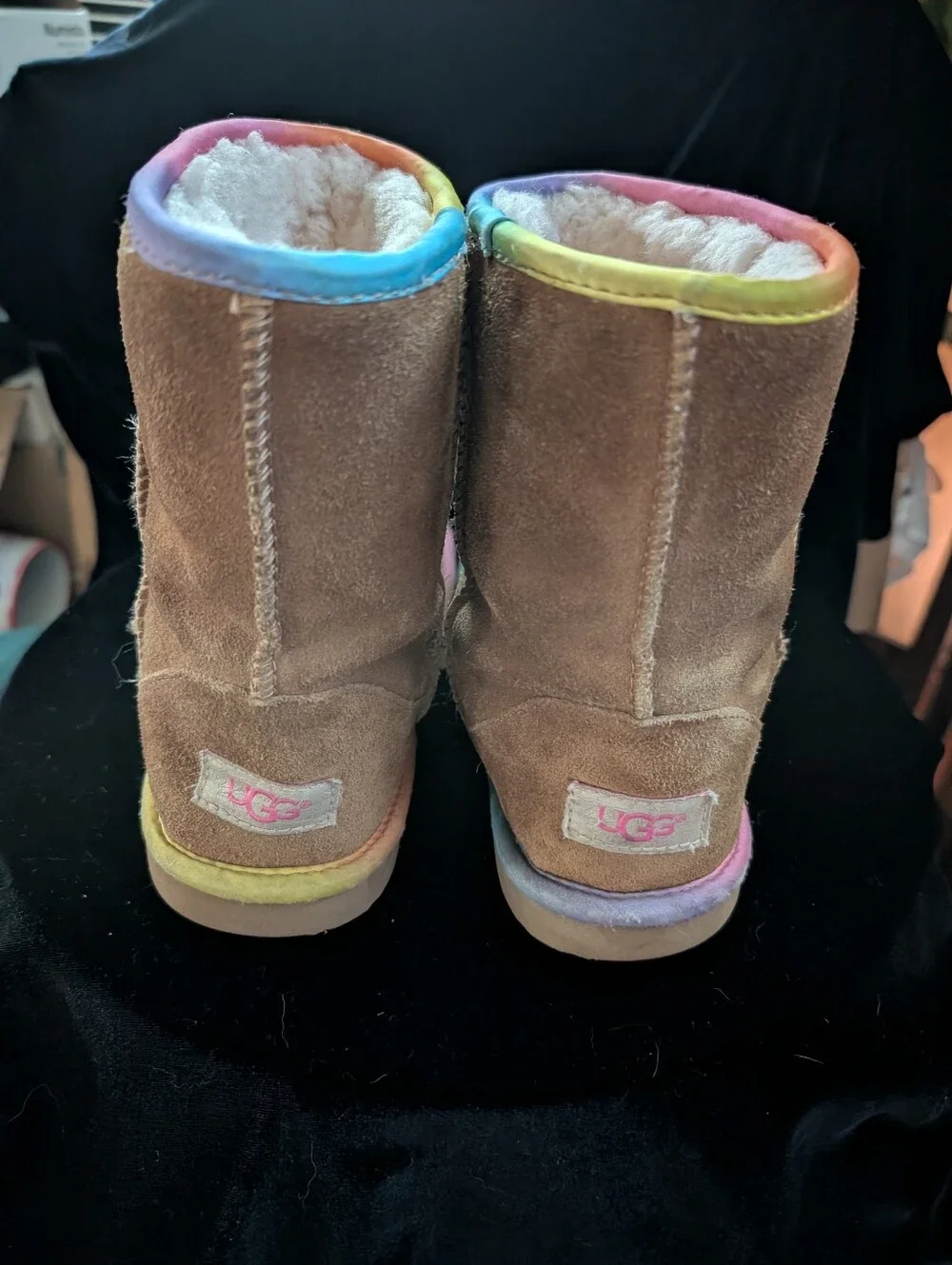 UGG Kids Brown Suede Boots with Rainbow Trim